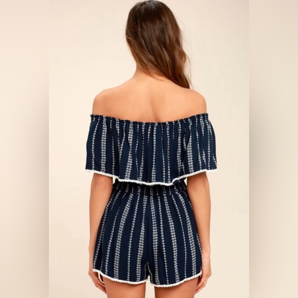 See Ya There Navy Blue Print Off-the-Shoulder Romper size XS - Picture 4 of 9